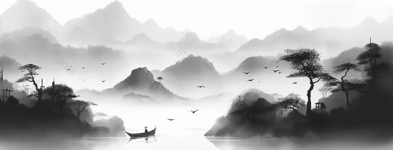 山水河流复古风意境自然景观中式风水墨画,插画/手绘图,插画/手绘图库,插画/手绘图下载,插画/手绘
